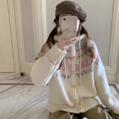 Creamy White Hooded Heavy Work Fair Isle Cable-Knit Soft Plush Warm Thick Sweater Jacket