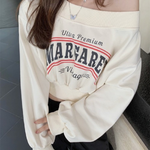 Photographed Huacian Composite Women's High-Waist Short-Sleeve One-Shoulder Printed Spring Hoodie