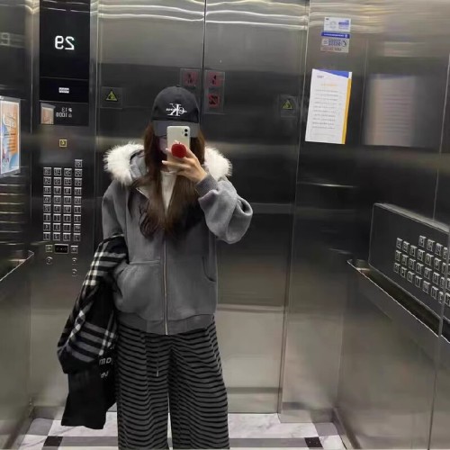 Women's Grey Fleece Hooded Sweatshirt with Embroidery for Autumn/Winter 2025, Loose Fit, Ins Style Casual Top