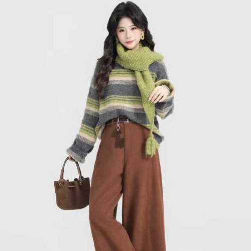 Double-breasted striped cashmere sweater set with triangular scarf - Dongdaemun Korean version