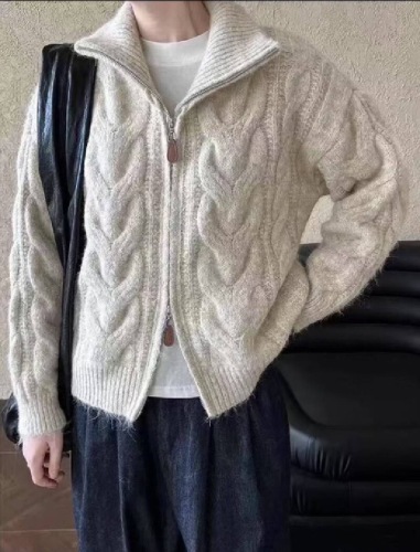 Leather-look Marbled Brown Double Zip Fox Fleece Women's Winter Collar Pajama Style Knit Cardigan Top 2025