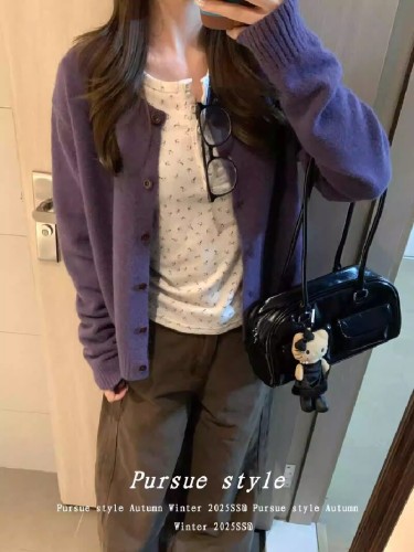 Women's Spring and Autumn New Arrival Light Purple Wisteria Purple Knitted Cardigan Coat, Round Neck, Casual and Versatile Top, Trendy