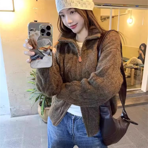 Leather-look Marbled Brown Double Zip Fox Fleece Women's Winter Collar Pajama Style Knit Cardigan Top 2025