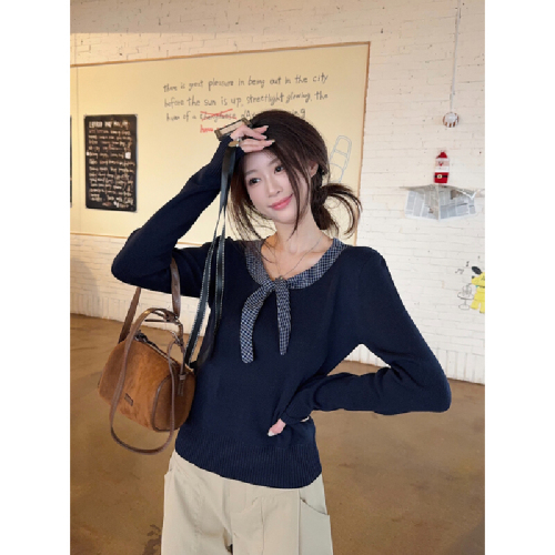 Real-shot autumn/winter Korean-style preppy plaid-stitched crewneck elegant slim-fit innerwear 6-needle wool knit sweater