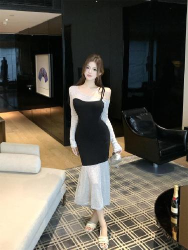 Photographed Asymmetrical Color Block Pencil Skirt with Fake Two-Piece Design for Women, Autumn/Winter Elegant Tailored Belted Dress