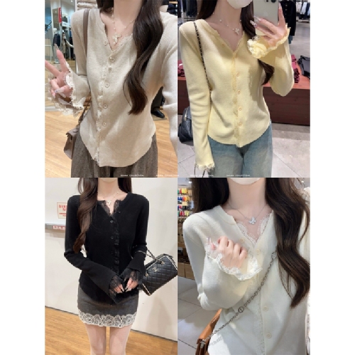 Photographed Korean Style Pure Desire Lace Splicing Bell Sleeve Andy Wool Knit Cardigan Woman's Outerwear