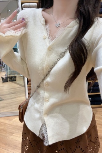 Photographed Korean Style Pure Desire Lace Splicing Bell Sleeve Andy Wool Knit Cardigan Woman's Outerwear