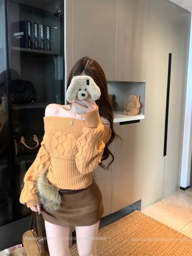 Pure Desire Windproof Sexy One-Shoulder Long-Sleeve Sweater for Women 2025 Autumn/Winter New Slimming Waist Crochet Knit Top Trendy