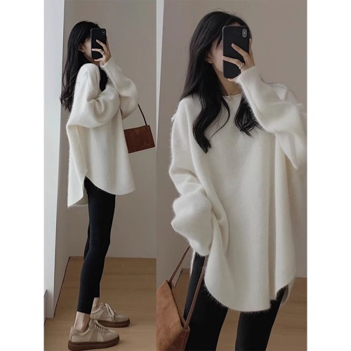 Women's Autumn/Winter Open-Front Knit Sweater, Loose-Fit, Slit Hem, Long-Sleeve, Retro Style