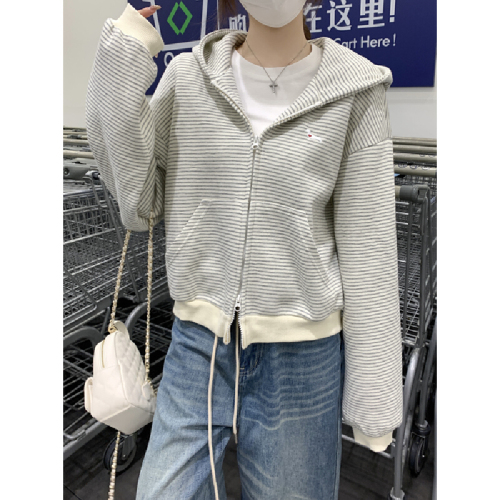 Photographed Autumn/Winter Korean Style Color Block Striped Embroidered Double Zip Hooded Loose Long Sleeve Cardigan Jacket Top