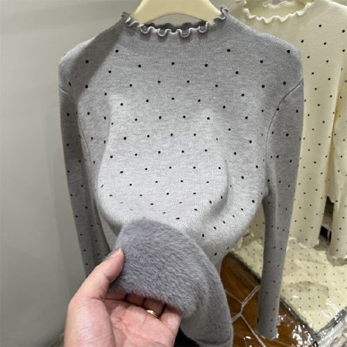 Mushroom Edge Polka Dot Integrated Fleece Thick Long Sleeve Knit Top Women's Sweater 2025 Winter New Version Base Shirt Top