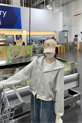 Photographed Autumn/Winter Korean Style Color Block Striped Embroidered Double Zip Hooded Loose Long Sleeve Cardigan Jacket Top