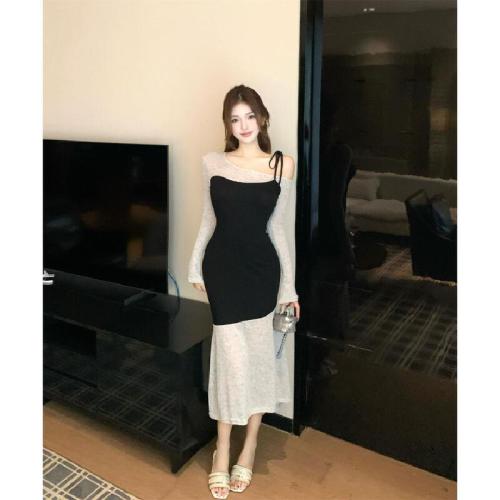 Photographed Asymmetrical Color Block Pencil Skirt with Fake Two-Piece Design for Women, Autumn/Winter Elegant Tailored Belted Dress