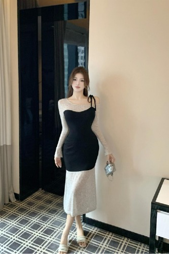 Photographed Asymmetrical Color Block Pencil Skirt with Fake Two-Piece Design for Women, Autumn/Winter Elegant Tailored Belted Dress