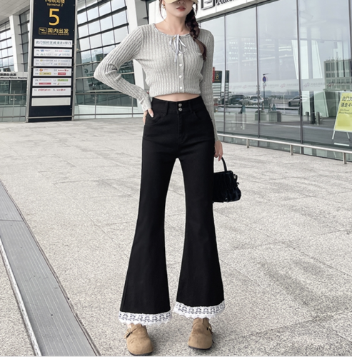 Photographed - Spring and Autumn Lace Black Mini Skirt Women's High-Waisted Slim Fit 9/10 Length Fashionable Bell Bottom Pants Women