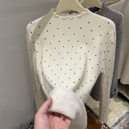 Mushroom Edge Polka Dot Integrated Fleece Thick Long Sleeve Knit Top Women's Sweater 2025 Winter New Version Base Shirt Top