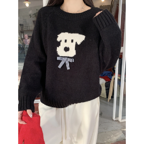 Photographed Autumn/Winter Korean Style Slouchy Loose Matchable Dog Print Crew Neck Drop Shoulder Hooded Knit Sweater