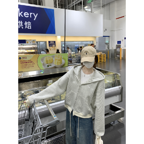 Photographed Autumn/Winter Korean Style Color Block Striped Embroidered Double Zip Hooded Loose Long Sleeve Cardigan Jacket Top