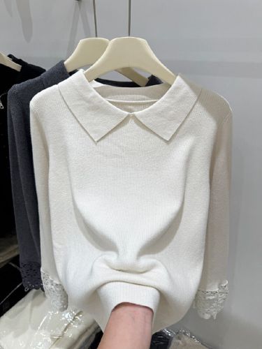 White Knit Sweater with Lace Cuffs for Women - Autumn/Winter New Arrival Babydoll Neck Top, Soft and Gentle Basic Layer, Youthful and Charming, Ideal for Layering