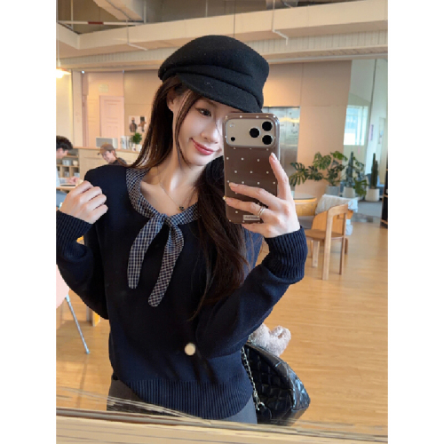 Real-shot autumn/winter Korean-style preppy plaid-stitched crewneck elegant slim-fit innerwear 6-needle wool knit sweater