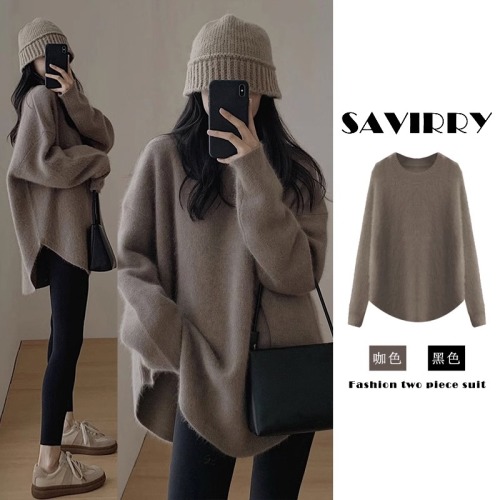 Women's Autumn/Winter Open-Front Knit Sweater, Loose-Fit, Slit Hem, Long-Sleeve, Retro Style
