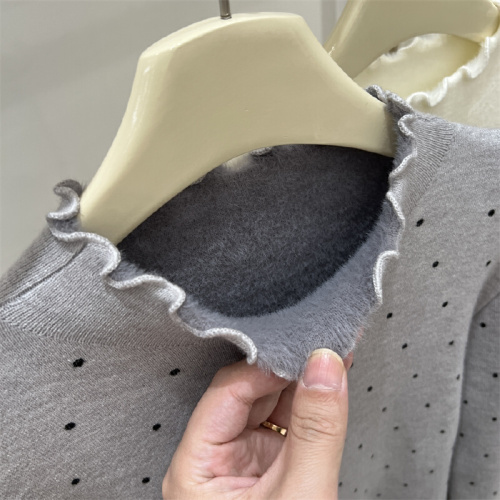 Mushroom Edge Polka Dot Integrated Fleece Thick Long Sleeve Knit Top Women's Sweater 2025 Winter New Version Base Shirt Top