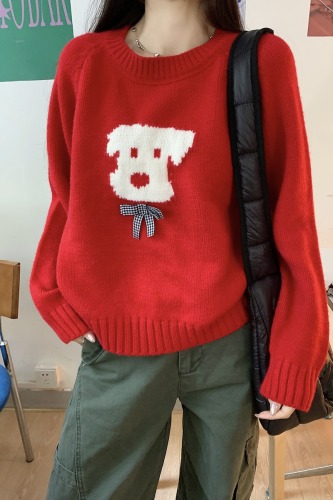 Photographed Autumn/Winter Korean Style Slouchy Loose Matchable Dog Print Crew Neck Drop Shoulder Hooded Knit Sweater