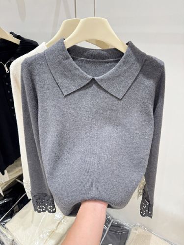 White Knit Sweater with Lace Cuffs for Women - Autumn/Winter New Arrival Babydoll Neck Top, Soft and Gentle Basic Layer, Youthful and Charming, Ideal for Layering