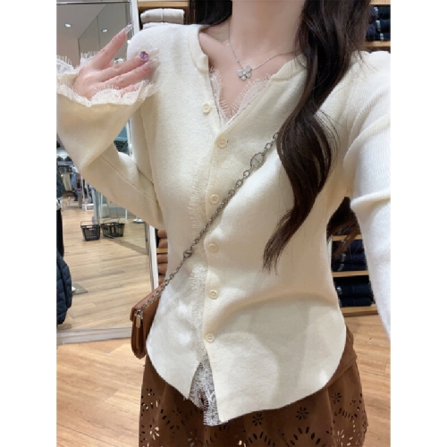 Photographed Korean Style Pure Desire Lace Splicing Bell Sleeve Andy Wool Knit Cardigan Woman's Outerwear