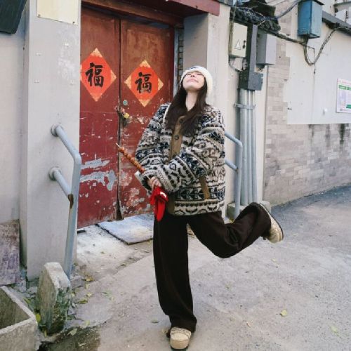 Fairy Island Print Eco-Lambskin New Autumn/Winter High-End Warm Coat Fluffy Retro Casual Overcoat