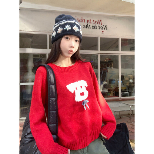 Photographed Autumn/Winter Korean Style Slouchy Loose Matchable Dog Print Crew Neck Drop Shoulder Hooded Knit Sweater