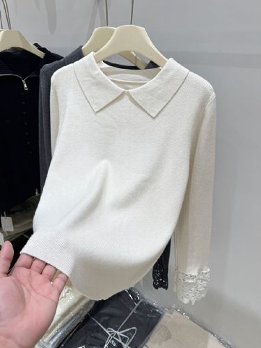 White Knit Sweater with Lace Cuffs for Women - Autumn/Winter New Arrival Babydoll Neck Top, Soft and Gentle Basic Layer, Youthful and Charming, Ideal for Layering