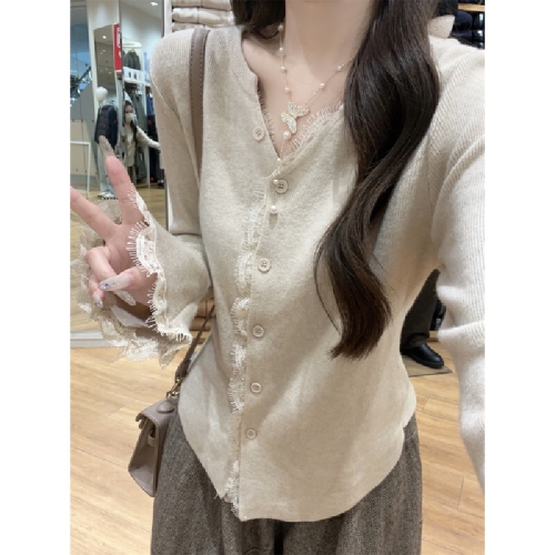 Photographed Korean Style Pure Desire Lace Splicing Bell Sleeve Andy Wool Knit Cardigan Woman's Outerwear