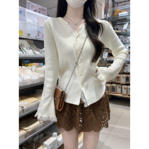 Photographed Korean Style Pure Desire Lace Splicing Bell Sleeve Andy Wool Knit Cardigan Woman's Outerwear