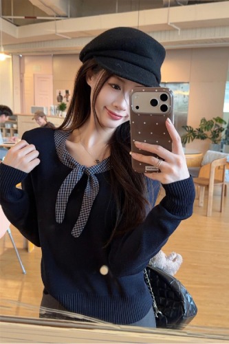 Real-shot autumn/winter Korean-style preppy plaid-stitched crewneck elegant slim-fit innerwear 6-needle wool knit sweater