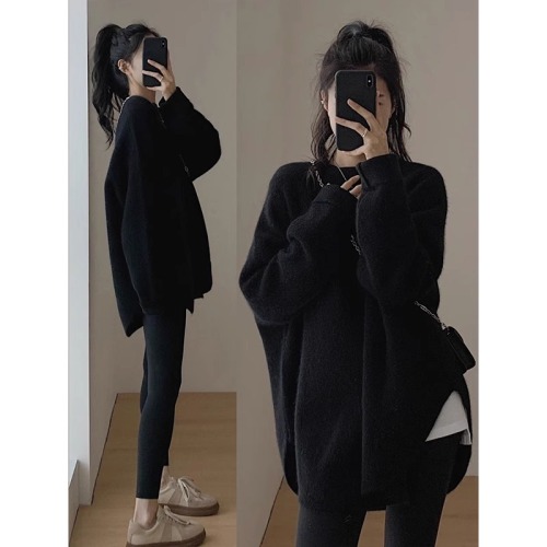 Women's Autumn/Winter Open-Front Knit Sweater, Loose-Fit, Slit Hem, Long-Sleeve, Retro Style