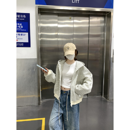 Photographed Autumn/Winter Korean Style Color Block Striped Embroidered Double Zip Hooded Loose Long Sleeve Cardigan Jacket Top