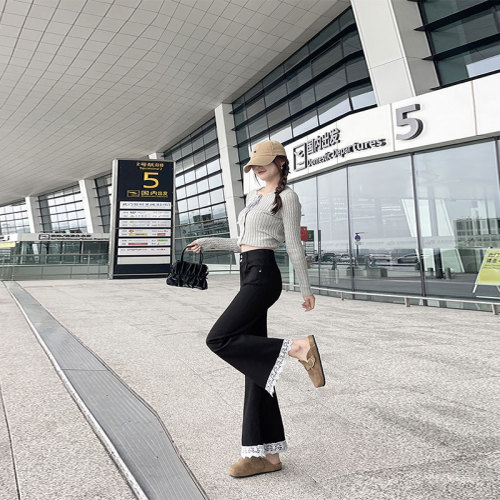 Photographed - Spring and Autumn Lace Black Mini Skirt Women's High-Waisted Slim Fit 9/10 Length Fashionable Bell Bottom Pants Women