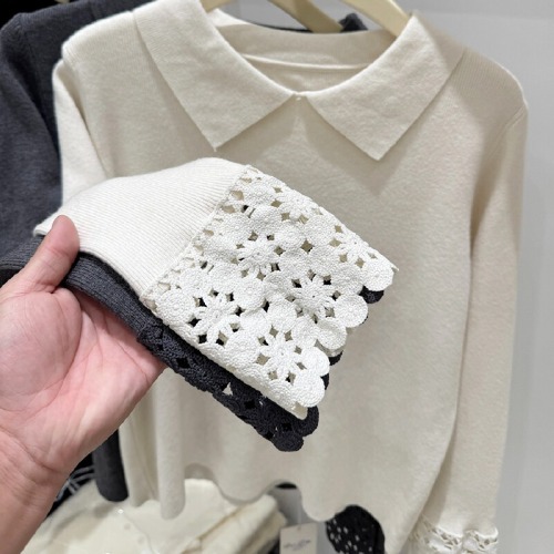 White Knit Sweater with Lace Cuffs for Women - Autumn/Winter New Arrival Babydoll Neck Top, Soft and Gentle Basic Layer, Youthful and Charming, Ideal for Layering
