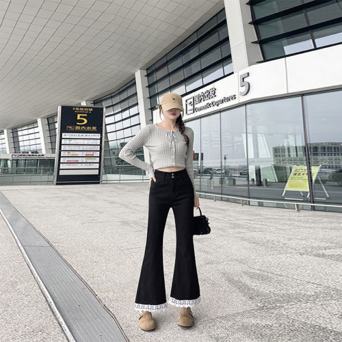 Photographed - Spring and Autumn Lace Black Mini Skirt Women's High-Waisted Slim Fit 9/10 Length Fashionable Bell Bottom Pants Women