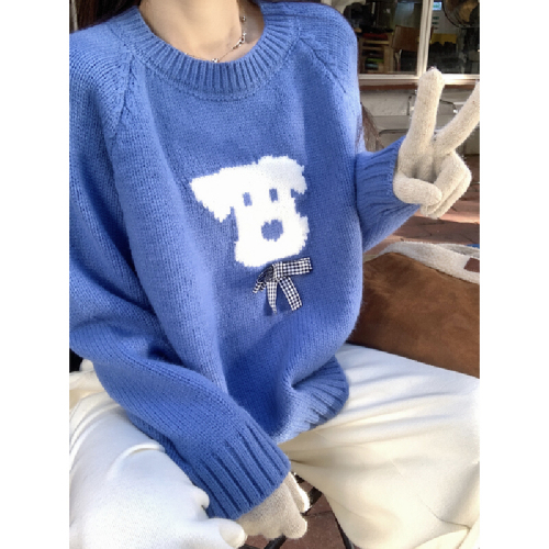 Photographed Autumn/Winter Korean Style Slouchy Loose Matchable Dog Print Crew Neck Drop Shoulder Hooded Knit Sweater