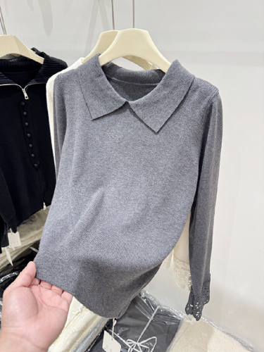 White Knit Sweater with Lace Cuffs for Women - Autumn/Winter New Arrival Babydoll Neck Top, Soft and Gentle Basic Layer, Youthful and Charming, Ideal for Layering