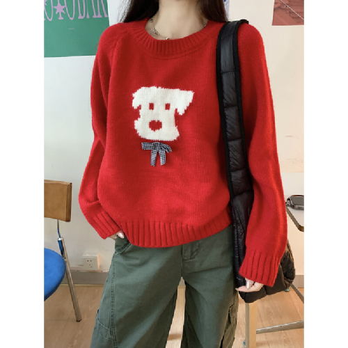 Photographed Autumn/Winter Korean Style Slouchy Loose Matchable Dog Print Crew Neck Drop Shoulder Hooded Knit Sweater