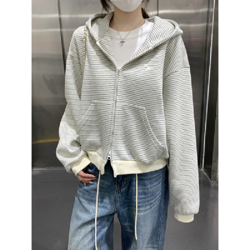 Photographed Autumn/Winter Korean Style Color Block Striped Embroidered Double Zip Hooded Loose Long Sleeve Cardigan Jacket Top