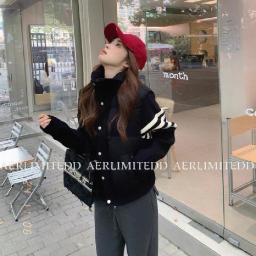 Korean-style college fashion design sense splicing knit cotton coat for men and women, autumn and winter unique and distinctive stand-up collar thin cotton jacket outerwear