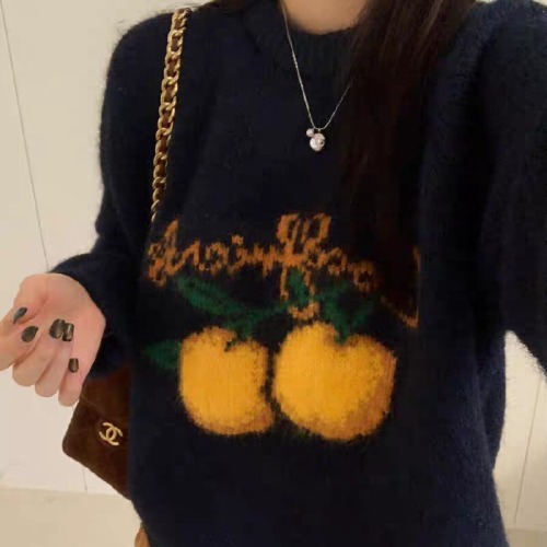Korean-style color-block fruit sweet orange jacquard soft, cozy, laid-back, age-reducing sweater—round-neck, long-sleeved, loose-fit, thickened women’s knitted top.