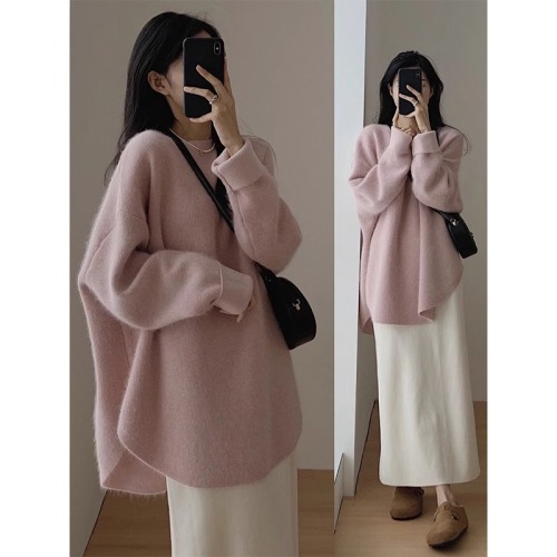 Women's Autumn/Winter Open-Front Knit Sweater, Loose-Fit, Slit Hem, Long-Sleeve, Retro Style