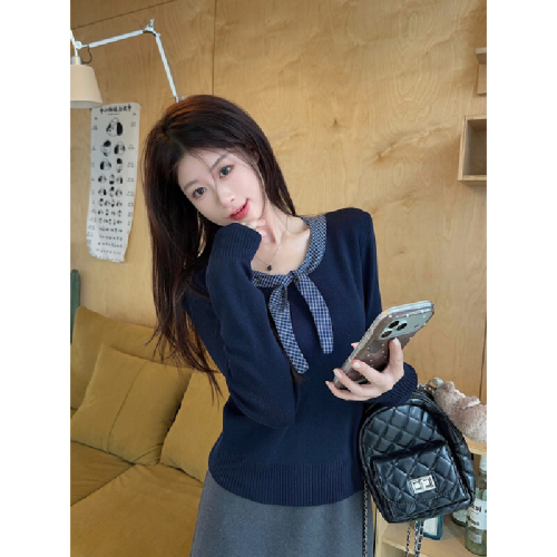 Real-shot autumn/winter Korean-style preppy plaid-stitched crewneck elegant slim-fit innerwear 6-needle wool knit sweater