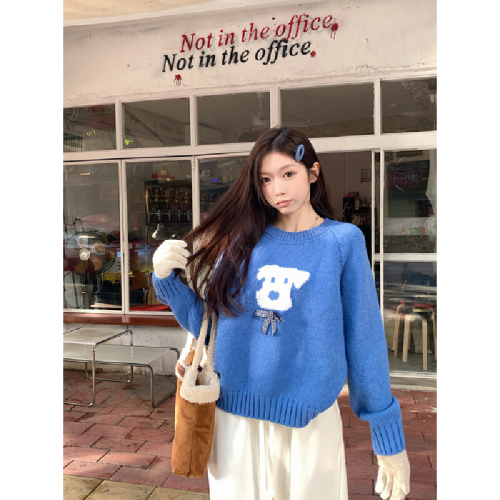 Photographed Autumn/Winter Korean Style Slouchy Loose Matchable Dog Print Crew Neck Drop Shoulder Hooded Knit Sweater