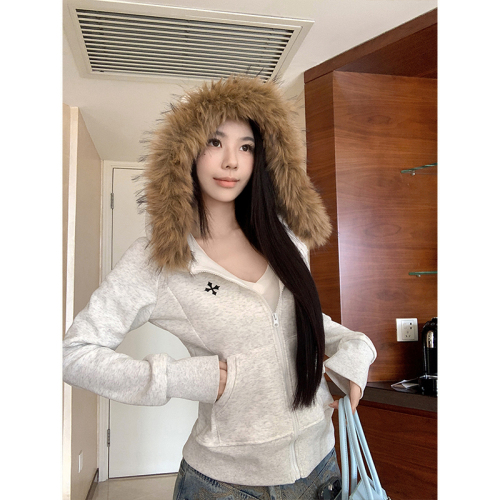 Shot. Women's grey hooded long sweater coat, soft knit cardigan overcoat for autumn and winter